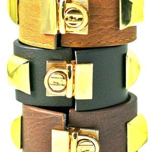 3PCS-GREAT STOCKING STUFFERS, LEATHER & GOLD STUDS BRACELET CHOOSE: BLACK,BROWN,